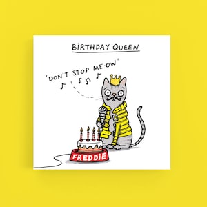 Cumpleaños* Reina* tarjeta * Tarjeta de felicitación * Gato * Freddie Mercury * Ilustración * Pun * Humour * Divertido * Dibujos animados *
