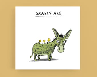 Grassy Ass*Thank you*card-Humour-Funny-Pun-Cartoon-Donkey-Ass-Wordplay-Greeting card-Thanksgiving-Thanks a lot-Rude card-Cheeky card