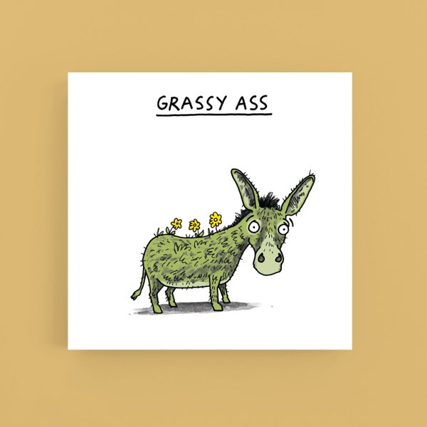 Grassy Ass*Thank you*card-Humour-Funny-Pun-Cartoon-Donkey-Ass-Wordplay-Greeting card-Thanksgiving-Thanks a lot-Rude card-Cheeky card