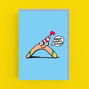 Muitos retornos felizes - Aniversário - Cartão - Cartão de felicitações - Desenho animado - Humor - Ilustração - Fofo - Bumerangue