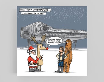 Star Wars*Millennium Falcon*Cartoon*Christmas*card-Greeting card-Seasonal-Funny xmas card-Rudolph-Santa-Illustrated card-Star Wars xmas card