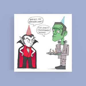 Carte d’anniversaire buffet doigt *Carte de voeux*Humour*Funny*Cartoon*Illustration*Anniversaire*Dracula*Pun