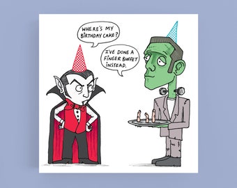 Carte d’anniversaire buffet doigt *Carte de voeux*Humour*Funny*Cartoon*Illustration*Anniversaire*Dracula*Pun