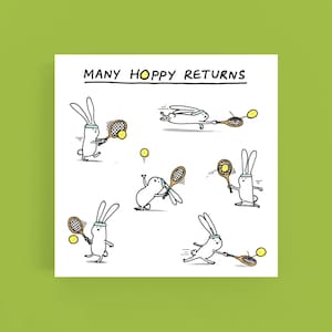 Veel hoppige opbrengsten* verjaardag* kaart*Wenskaart*Verjaardag*Konijn*Konijnen*Tennis*Sport*Grappig*Humor*Woordspeling*Cartoon*Illustratie*Leuke verjaardag