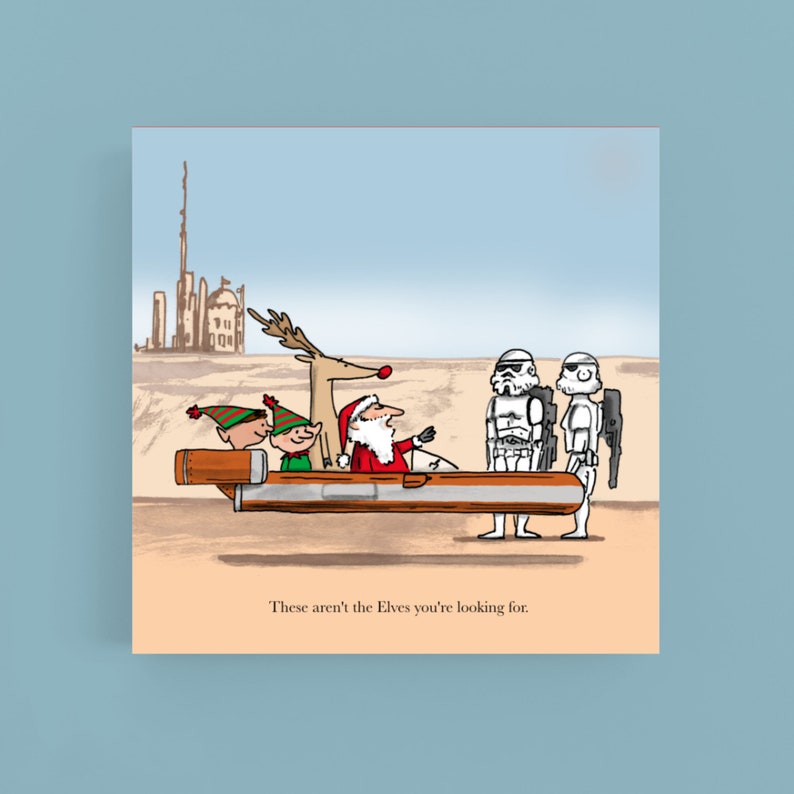 These aren't the Elvesyou're looking for-Star Wars cartoon-Christmas card-Greetings card-Humour-pun-Seasonal-Elves-Rudolph-Santa-Funny image 1