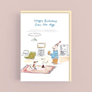 Tarjeta de feliz cumpleaños del perro *Dibujos animados*Ilustración*Humor*Gracioso*Ilustración*Perro*Acuarela