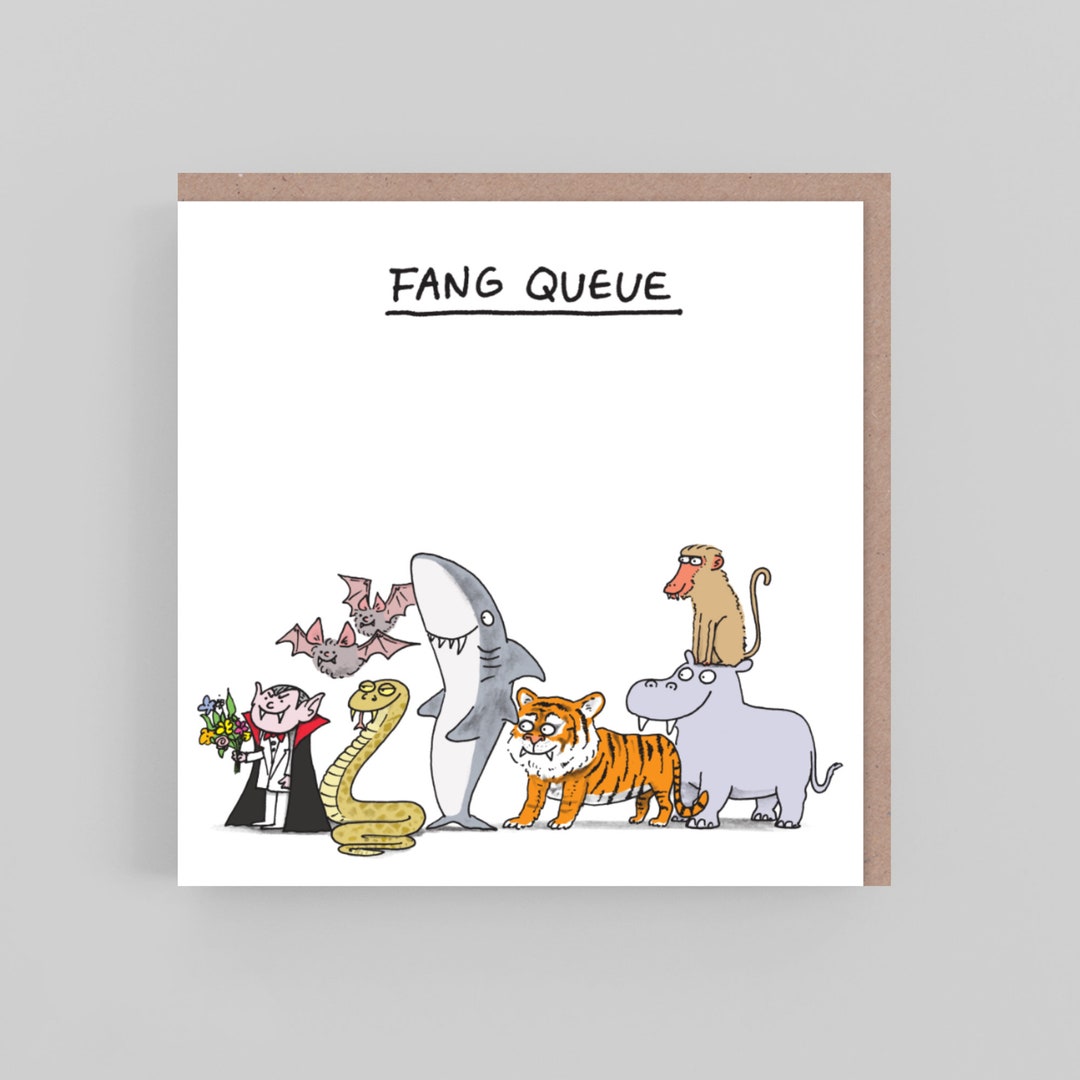 Fang Queue Card-humour-funny-pun-cartoon-wordplay-greeting Card ...