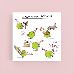 Many a pea returns*birthday*card*Greeting card*Humour*Pun*Funny*Cartoon*Illustration*Peas*Cake*Party*Pinåta*