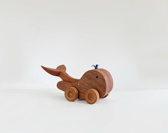 Oak Wood Whale Toy: Animated Water Spout, Handmade