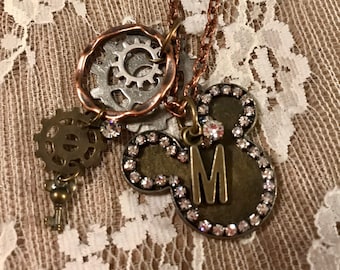 Mickey Mouse Steampunk, Vintage Style, Pendant, Charm Necklace. Comes with lots of Charms and Rhinestones.
