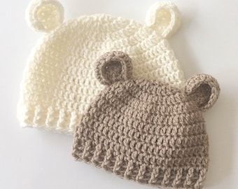 Crochet Pattern - Baby Ear Beanie |  | Beenie | Woolly hat | Wooly Hat | Bobble Hat | Stocking Cap | PDF Pattern