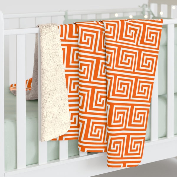 Orange Greek Key Sherpa & Fleece Blanket, Art Deco Home Decor