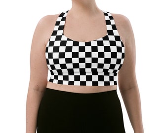 May include: A black and white checkered sports bra with a racerback style.
