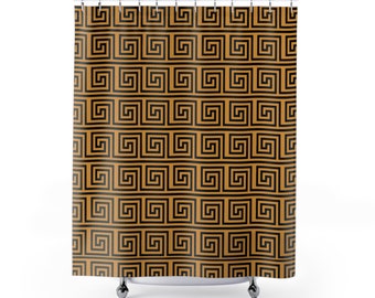 May include: A shower curtain with a black and gold Greek key pattern.