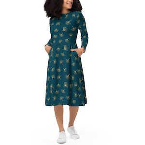 Teal Ginkgo Leaf Long Sleeve Dress (with pockets:)