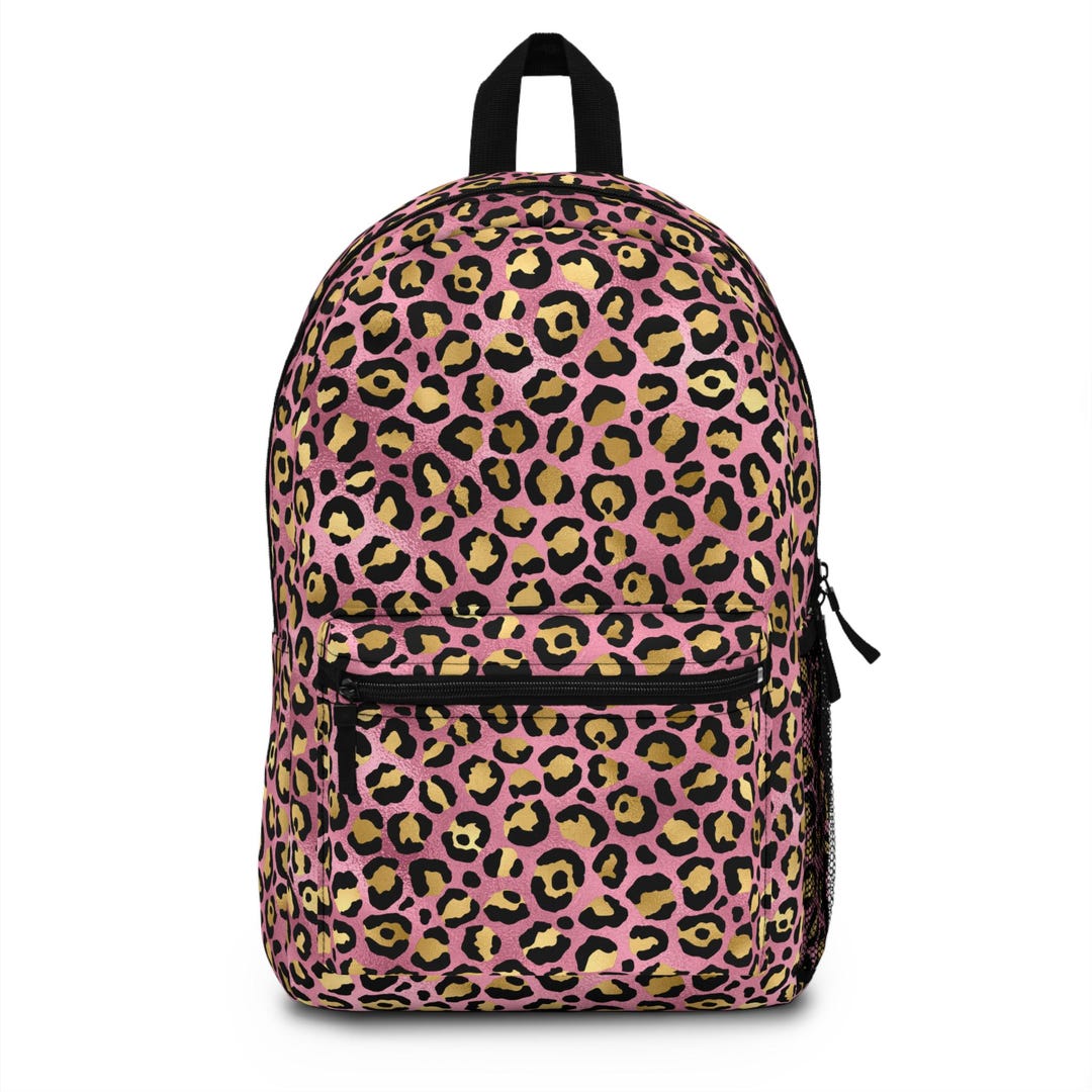 Pink Leopard Print Backpack, Full-sized Backpack W/water