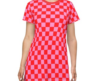 Red & Pink Checker T-Shirt Dress