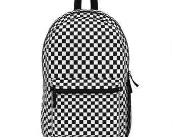 Beige Checker Backpack Full-sized Backpack W/water Bottle 