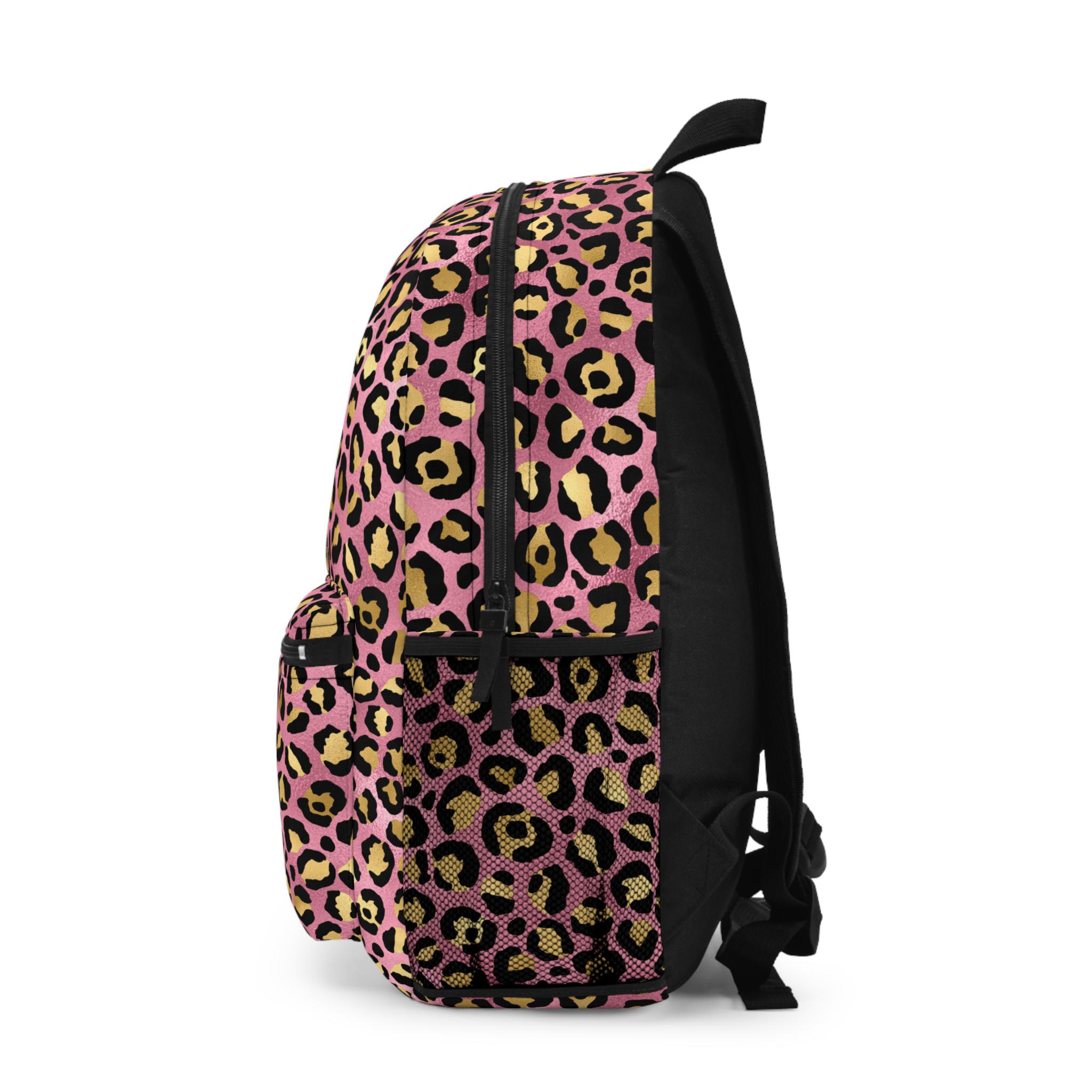Pink Leopard Print Backpack, Full-sized Backpack W/water