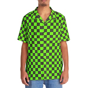 May include: A short-sleeved button-up shirt with a checkered pattern in black and neon green.