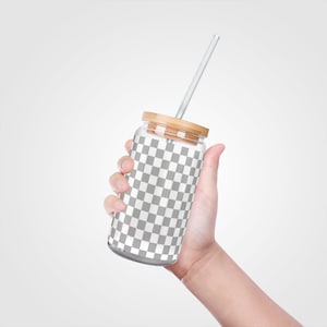 Checker Glass with Wood Lid & Straw