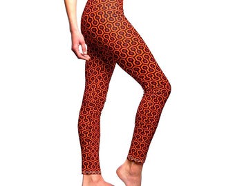 May include: Orange and red leggings with a geometric pattern. The pattern is reminiscent of the carpet in the Overlook Hotel from the movie "The Shining".