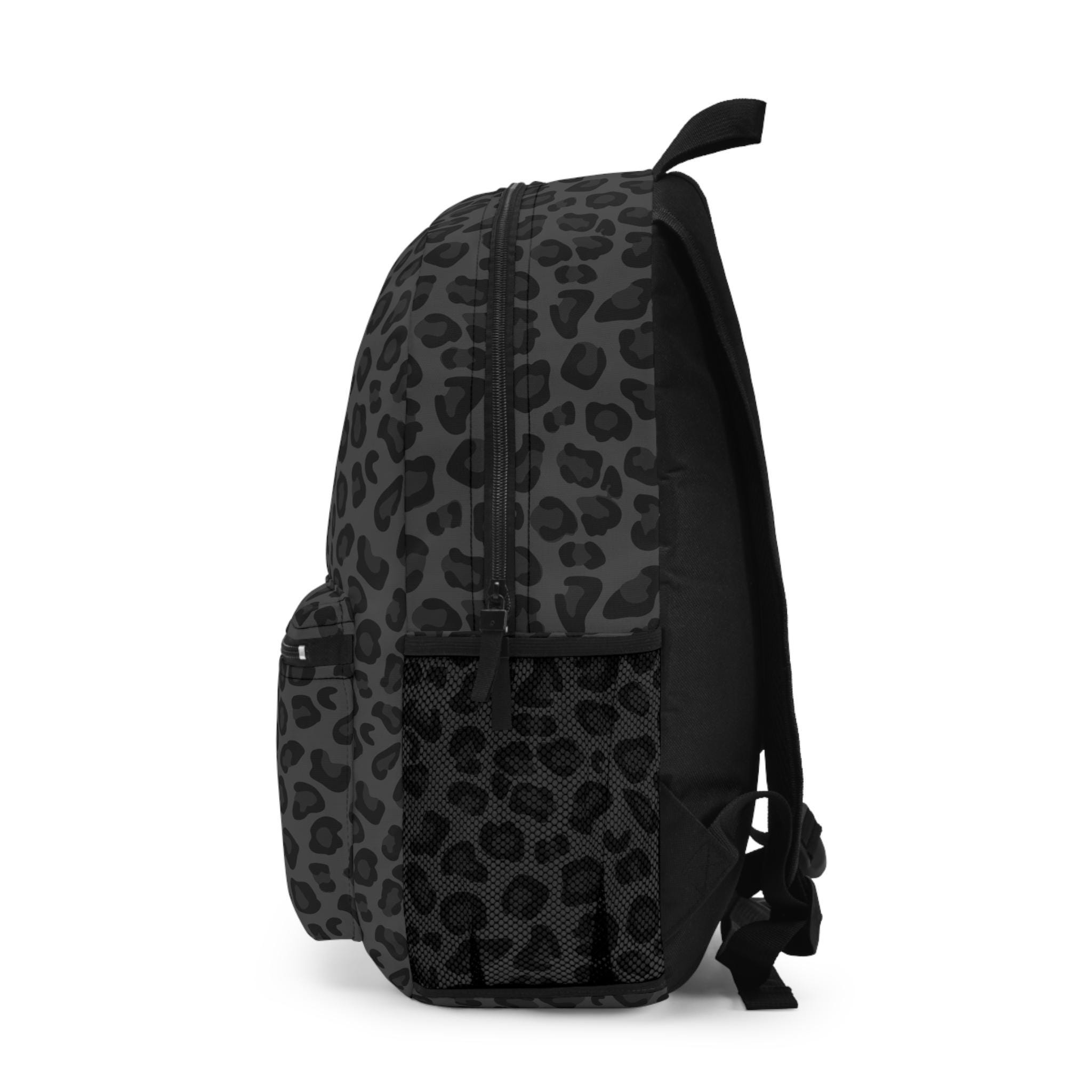 Gray Leopard Print Backpack, Full-sized Backpack W/ Water