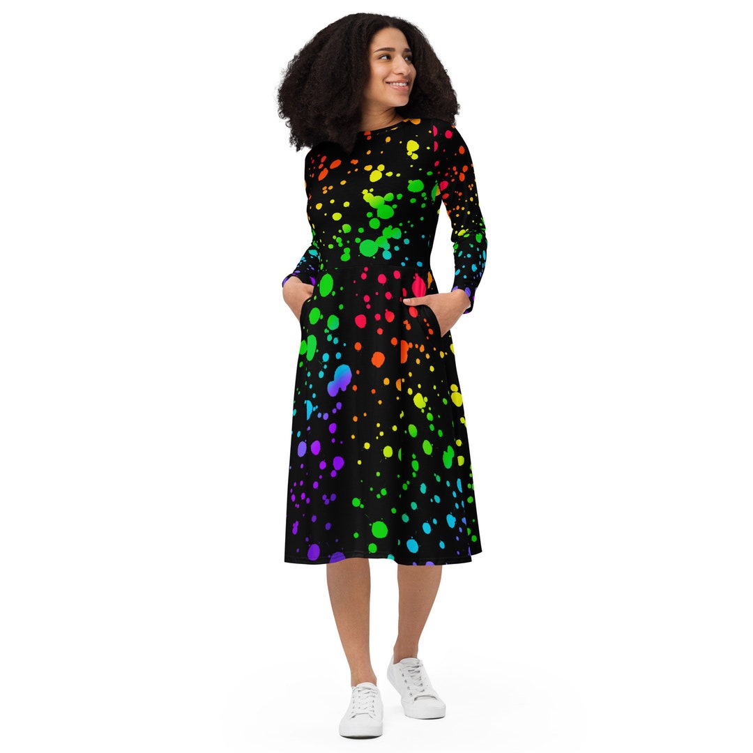 Paint Splatter Long Sleeve Midi Dress W/ Pockets Etsy