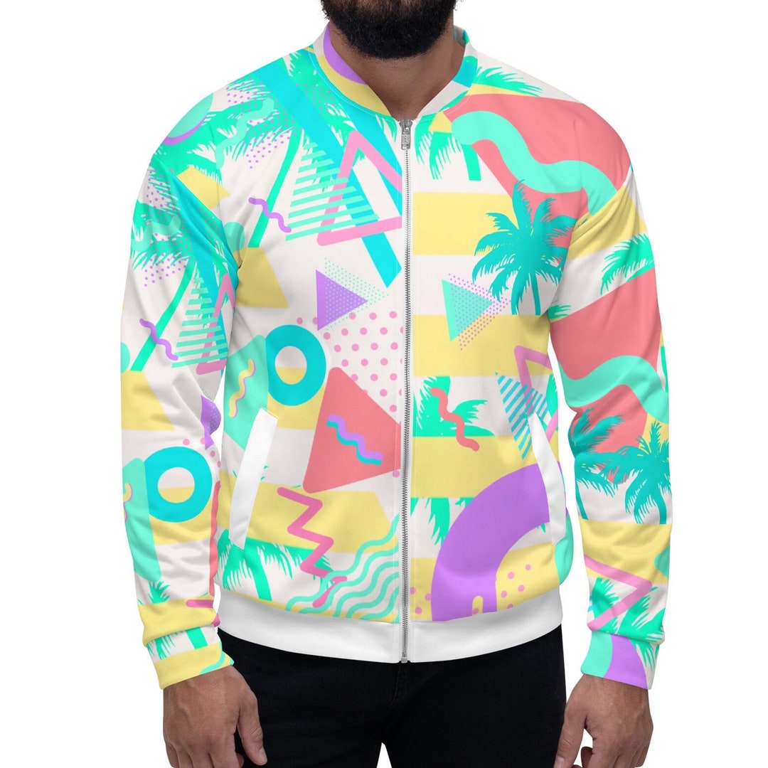 80’s Black Travel Stickers Novelty Print Bomber Jacket by Ali Miles