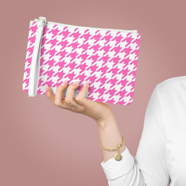 Pink Houndstooth Clutch Bag, Faux Leather Wristlet