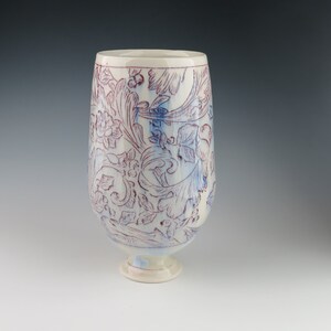 Handmade porcelain pedestal vase with red/blue toile pattern