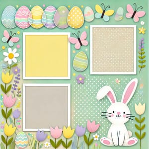 Peut inclure: Un fond vert avec un lapin blanc, des œufs de Pâques et des fleurs. Il y a trois cadres photo blancs avec un fond jaune, beige et blanc.
