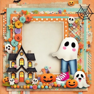 Peut inclure: Une page de scrapbooking sur le thème d'Halloween avec un fantôme blanc portant un jean bleu et des baskets rouges, une maison avec des fenêtres éclairées et des citrouilles. La page est décorée de boutons colorés, de fleurs et d'une toile d'araignée.