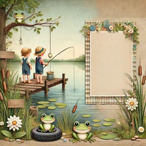 Peut inclure: Illustration de deux enfants pêchant sur une jetée en bois au bord d'un lac. L'image présente une grenouille, des nénuphars et un cadre vierge avec des décorations florales. Les enfants portent des salopettes et des chapeaux de paille.