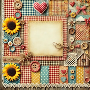 Peut inclure: Une page de scrapbooking avec un fond en vichy rouge et un carré de papier blanc au centre. La page est décorée de différents morceaux de tissu, boutons, fleurs et un cœur.
