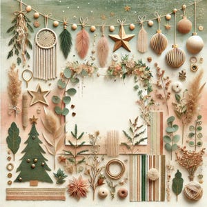 Peut inclure: Un arrangement festif d'ornements dorés et crème, y compris des étoiles, des cloches et des boules, avec un sapin vert et des brins de verdure. Les ornements sont enfilés sur une guirlande avec un fond blanc.