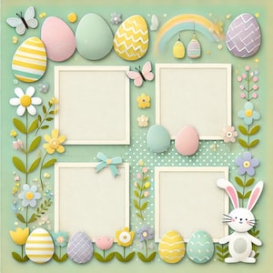 以下が含まれることがあります： 緑色の背景に、白いフレームが4つあり、パステルカラーの卵、蝶、花、ウサギで飾られています。フレームは空白で、写真やテキストを入れることができます。