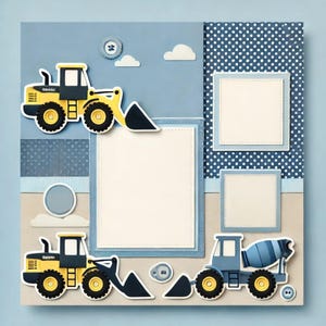 Peut inclure: Une page de scrapbooking bleue et beige avec deux véhicules de chantier jaunes en jouet, une bétonnière et trois cadres blancs. La page a un motif de pois bleus et un motif rayé bleu et blanc.