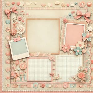 Peut inclure: Une page de scrapbooking avec un thème rose, blanc et bleu. La page présente deux cadres photo vierges, du papier décoratif et divers embellissements, notamment des fleurs, des boutons et des rubans.