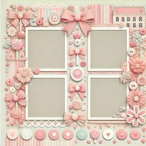 Peut inclure: Une page de scrapbooking rose et blanche avec quatre cadres photo, décorée de nœuds, de boutons, de bonbons et de fleurs. La page a une bordure en dentelle délicate et un fond rayé.