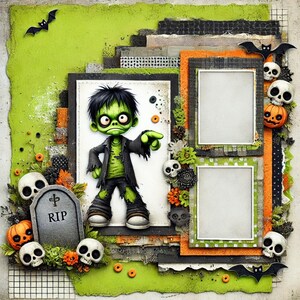 Peut inclure: Une page de scrapbooking d'Halloween avec un monstre vert, une pierre tombale sur laquelle est inscrit "RIP" et deux cadres photo vides. La page est décorée de crânes, de chauves-souris et de fleurs orange et vertes.