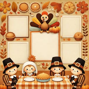 Peut inclure: Une page de scrapbooking imprimable sur le thème de Thanksgiving avec des images de dindes, de tartes et de pèlerins. La page comporte plusieurs espaces vides pour les photos et la journalisation.