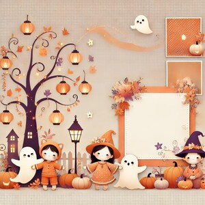 Peut inclure: Une illustration sur le thème d'Halloween avec un arbre décoré de lanternes en papier orange, un fantôme blanc et quatre enfants en costume. Les enfants tiennent des citrouilles et un fantôme. Il y a un panneau blanc vide avec une bordure orange.