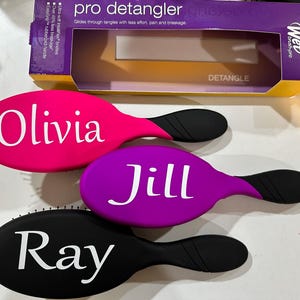May include: Three oval hair brushes with black rubberized handles and colorful heads. The top brush is hot pink with the name Olivia, the middle is purple with the name Jill, and the bottom is black with the name Ray. A Wet Brush Pro box is included.