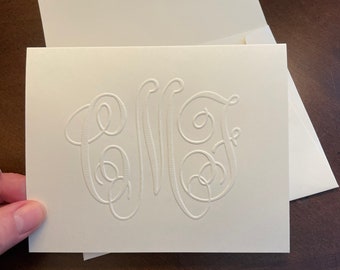 Large monogram Embossed folding notes with matching envelopes