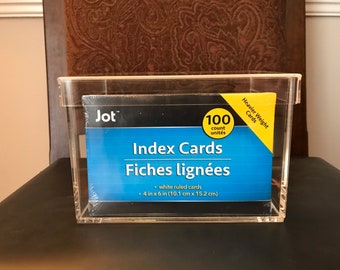 holds 4" x 6" cards Beautiful acrylic box with lid holds recipe cards or larger index cards