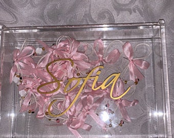 Beautiful monogrammed acrylic box with hinged lid