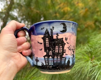 Handmade Haunted House Stoneware Mug - Halloween Decor