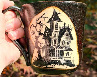 Haunted House Stoneware Mug: Sparkling Black Halloween Coffee Cup