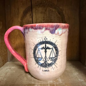 Distressed Libra Zodiac Stoneware Mug – Hand Glazed Pink, Black Motif, 14oz Capacity